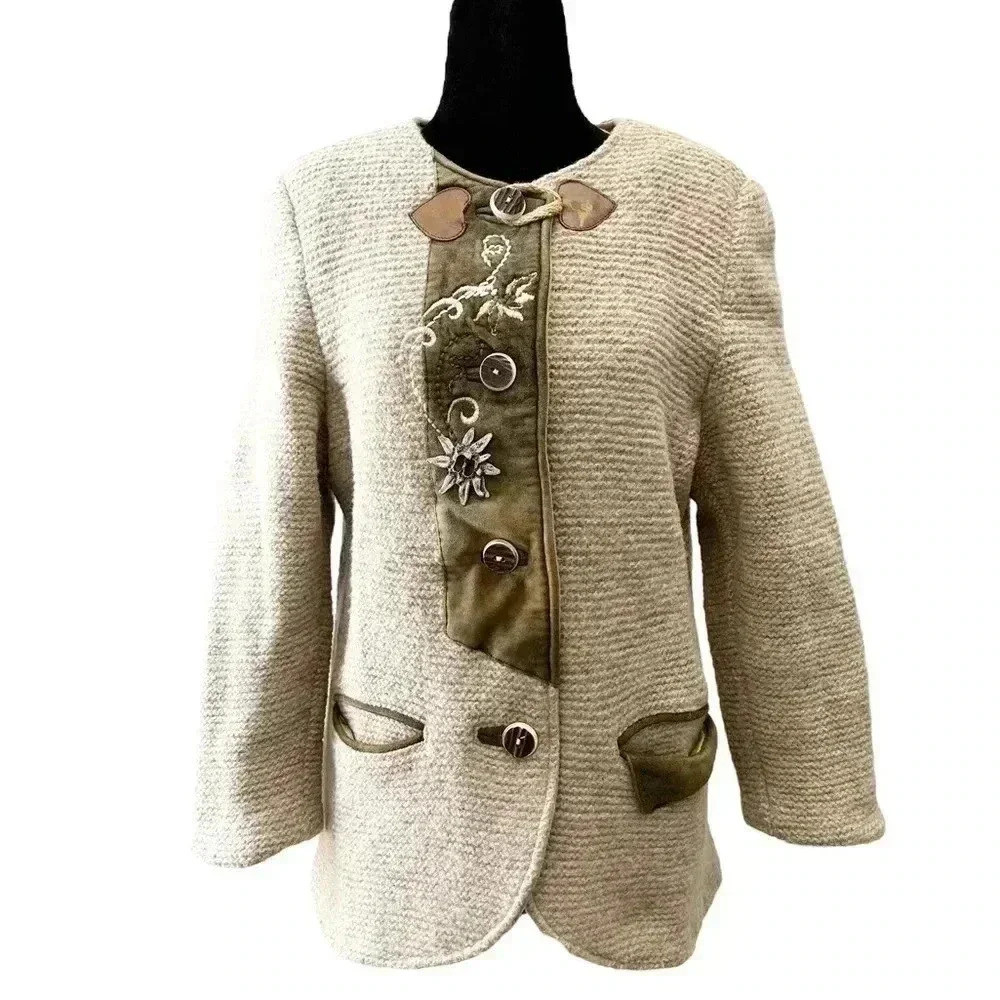 Vintage Wool Blazer Suede Embroidered Grandma Core Beige Brown Size Small EU36